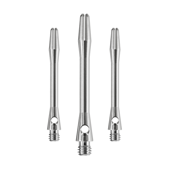 HR370_Harrows_Keramic_Shafts_Gun_Metal_41mm_1 Das Bild zeigt drei silberne Harrows Keramic Shafts in Gun Metal Farbe. Sie sind Dartschäfte in unterschiedlichen Längen.