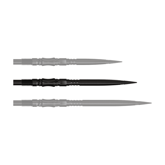 Harrows Quick Point Axis Elite Series Dartspitzen - Schwarz Axis Black Elite Series Dartspitzen in 35mm Länge sind zu sehen. Die Spitzen sind schwarz und schlank.