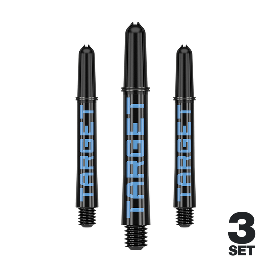 Tiges Target Pro Grip TAG - 3 jeux - Noir et bleu Das Bild zeigt drei schwarze Dartschäfte mit blauer Aufschrift "TARGET". Unten rechts steht "3 SET", was auf ein Set aus drei Stück hinweist.