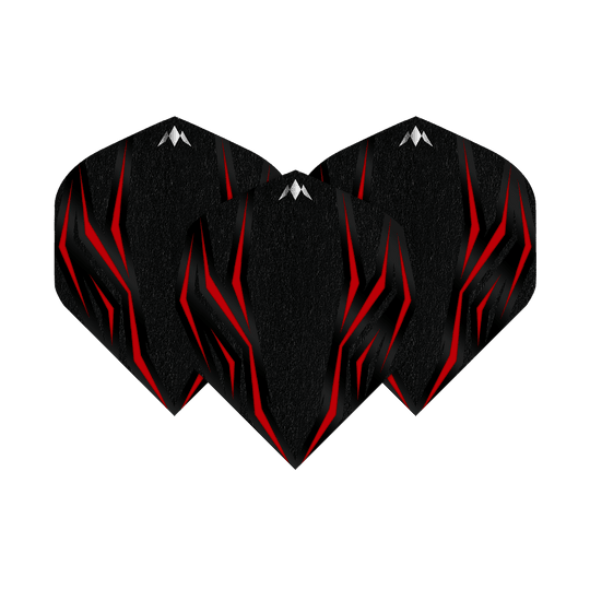 Vols standard Mission Lava Red No2 Das Bild zeigt drei schwarze Dartflights mit roten, lavaähnlichen Mustern. Die Flights sind das Modell "Mission Lava Red No2 Standard Flights".