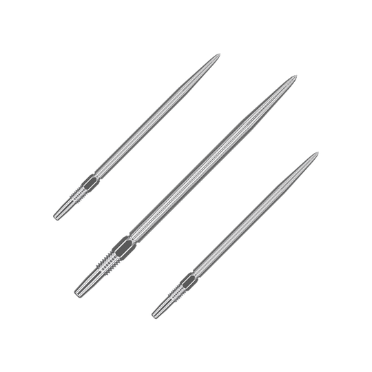 Pointes de fléchettes Target Swiss Point Nano - Argent Das Bild zeigt drei silberne Dartspitzen, die nebeneinander angeordnet sind. Sie sind lang, schmal und haben gerillte Bereiche am hinteren Ende.