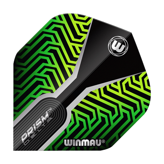 Vols standard Winmau Prism Delta Kairos n°2 Vert Das Bild zeigt ein Dartflight mit dem Namen "Winmau Prism Delta Kairos No2 Standard Flights Grün". Das Flight hat ein auffälliges grünes und schwarzes geometrisches Muster mit dem Winmau-Logo.