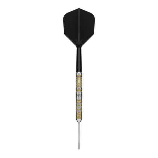 Fléchettes en acier Target Japan Black Marque Reyn GEN2 Das Bild zeigt einen Steeldart mit schwarzem Flight und gold-silbernem Barrel. Es handelt sich um das Produkt "Target Japan Black Marque Reyn GEN2 Steeldarts".