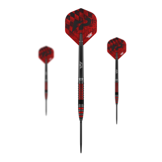 Bulls NL Florian Price 90 Point Convertible Steeldarts Das Bild zeigt das komplette Set Bulls NL Florian Preis 90 Convertible Point Steeldarts. Die Darts sind silberfarben.