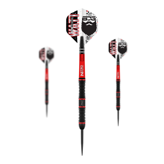 Fléchettes en acier Red Dragon Jason Watt - 22 g Das Bild zeigt drei Steeldarts des Modells "Red Dragon Jason Watt" mit einem Gewicht von 22g. Die Darts sind schwarz-rot und haben Flights mit einem Bartmotiv und der Aufschrift "WATT".