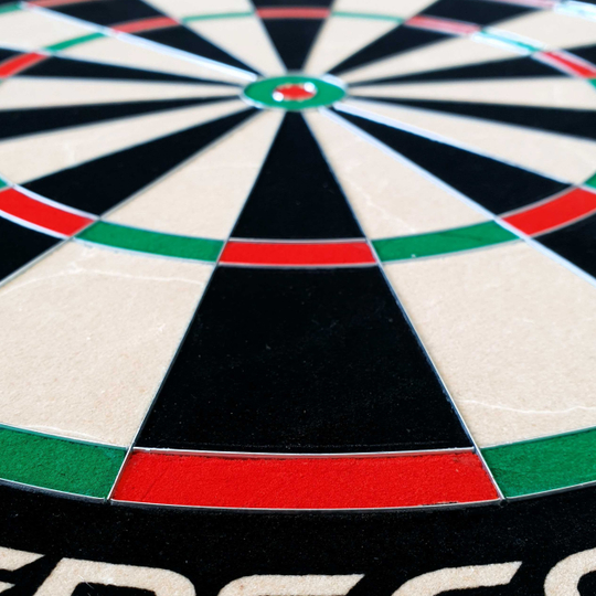Cible de fléchettes en acier GOAT Everscore Das Bild zeigt ein GOAT Everscore Steeldartboard aus nächster Nähe. Die farbigen Felder und der Mittelpunkt sind deutlich erkennbar.