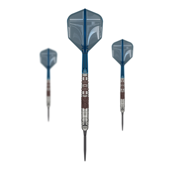 Fléchettes en acier Target Star Wars Mandalorian 95 à pointe suisse Target Star Wars Mandalorian 95 Swiss Point Steeldarts sind auf dem Bild zu sehen. Es handelt sich um spezielle Steeldarts mit Mandalorian-Design.