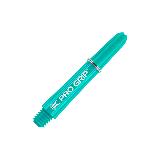 Tiges Target Pro Grip - 3 jeux - Aqua Das Bild zeigt einen aqua-blauen Pro Grip Dart-Schaft mit silbernem Ring. Auf dem Schaft steht der Schriftzug „PRO GRIP“.