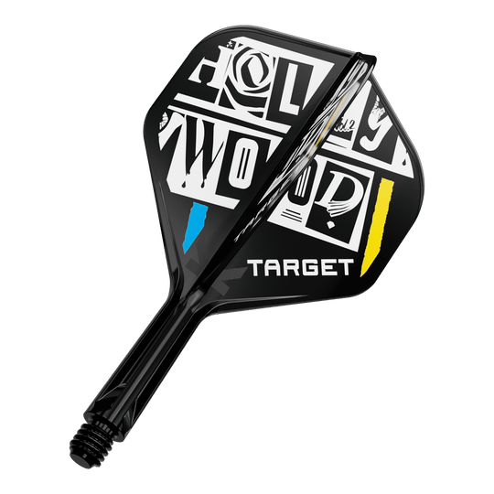 Système de tige de vol standard Target K-Flex Chris Dobey n° 2 Das Bild zeigt einen Dartpfeil-Flügel mit auffälligem schwarz-weißem Design und den farbigen Akzenten Blau und Gelb. Auf dem Flügel steht das Wort "TARGET" und ein grafisch gestalteter Schriftzug "HOLLYWOOD".