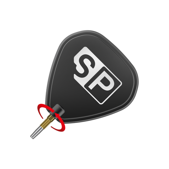 Pointes de fléchettes Target Swiss Firepoint Gold Das Bild zeigt eine schwarze Dart-Flightscheibe mit dem weißen Aufdruck "SP". Darunter ist eine goldene Dartspitze mit einem roten Pfeil, der eine Drehbewegung anzeigt.