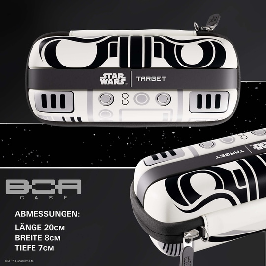 Auf diesem Bild sieht man das Target Star Wars Boa Dartcase im Stormtrooper Design. Das Dartcase ist im Stil der Star Wars Stormtrooper gestaltet.