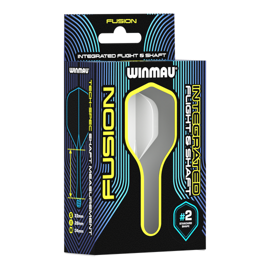 Système d'arbre de vol Winmau Fusion Standard Blanc Auf dem Bild ist eine Verpackung des Winmau Fusion Integrated Flight & Shaft Systems in Weiß zu sehen. Die Verpackung zeigt einen 22 mm langen Schaft mit der Standardform #2.
