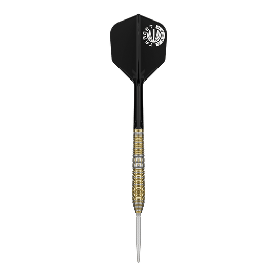 Das Bild zeigt einen Target Japan Hot Shot GEN2 Steeldart mit einem Gewicht von 23g. Der Dart hat eine goldene, strukturierte Spitze und schwarze Flights.