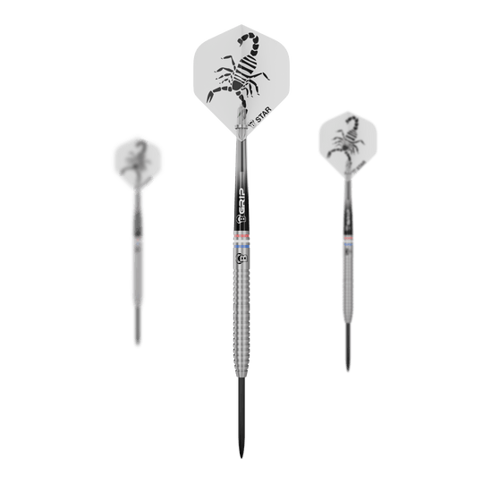 Fléchettes en acier Kendji Steinbach Bulls Challenger - 23 g Dieses Bild zeigt ein Set der Bulls Challenger Kendji Steinbach Steeldarts - 23g. Die Darts sind für Präzision und ein komfortables Spielerlebnis gestaltet.