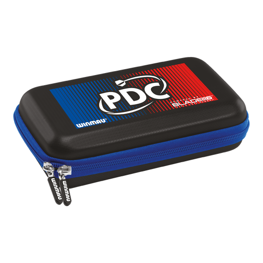 Étui à fléchettes Winmau PDC Das Bild zeigt ein Winmau PDC Dartcase mit einem auffälligen blauen und roten Design auf dem Deckel. Das Etui hat einen blauen Reißverschluss und bietet Schutz für Dart-Zubehör.
