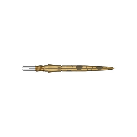 Pointes de fléchettes Target Swiss Storm Onyx Point - Or Das Bild zeigt eine goldfarbene Dartspitze mit feinen eingravierten Mustern. Sie hat eine schlanke, spitz zulaufende Form und ist 26 mm lang.