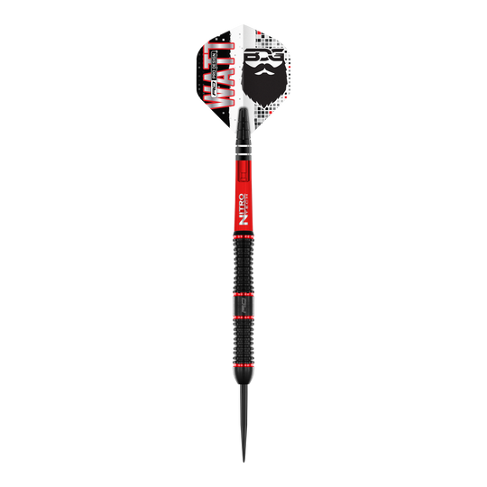 Fléchettes en acier Red Dragon Jason Watt - 22 g Das Bild zeigt den "Red Dragon Jason Watt Steeldart - 22g". Der Dartpfeil hat ein auffälliges Design in Schwarz, Rot und Weiß mit dem Namen „Watt“ und einem Bartmotiv auf der Flights.