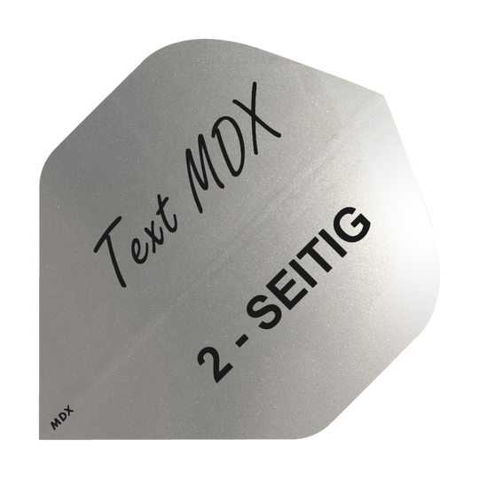 10 jeux de vols métalliques imprimés recto verso - texte personnalisé - norme MDX Das Bild zeigt ein silbernes Dart-Flight mit schwarzem Aufdruck. Darauf steht "Text MDX" und "2-SEITIG".