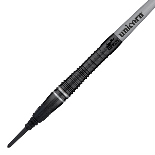 Champion du monde Unicorn Gary Anderson Noir Phase 6 Soft Darts Das Bild zeigt einen Unicorn World Champion Gary Anderson Noir Phase 6 Softdart. Der Dart hat ein elegantes, schwarzes Design mit dem Aufdruck "unicorn" auf dem Schaft.