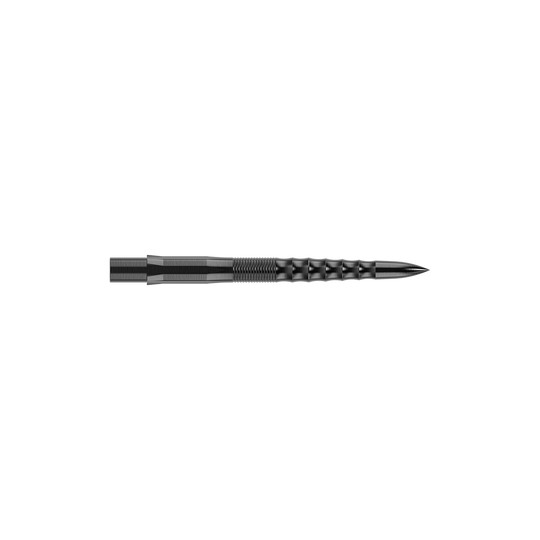 Embouts de fléchettes Mission Caliburn EVO - Ripple - Noir Das Bild zeigt eine schwarze Steeldartspitze mit einer gerippten Oberflächenstruktur. Die Spitze ist gerade und hat eine Länge von 26 mm.