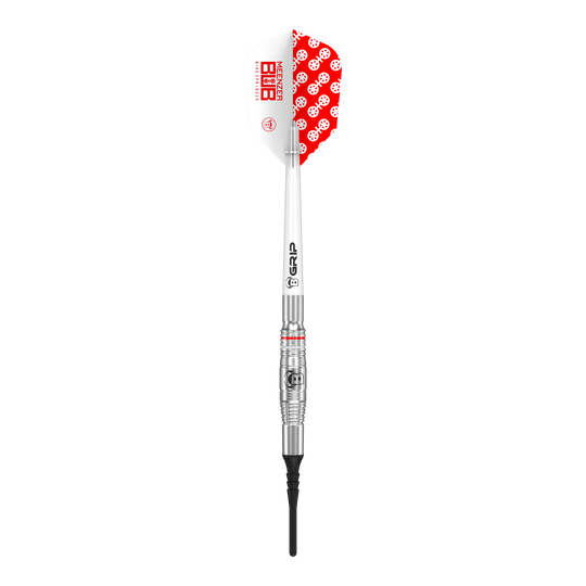 Fléchettes souples Bulls Niko Springer - 22 g Auf dem Bild ist ein Bulls Niko Springer Softdart mit einem Gewicht von 22g zu sehen. Das Dart hat ein silbernes Barrel, einen weißen Schaft und ein Flight mit rotem Muster.