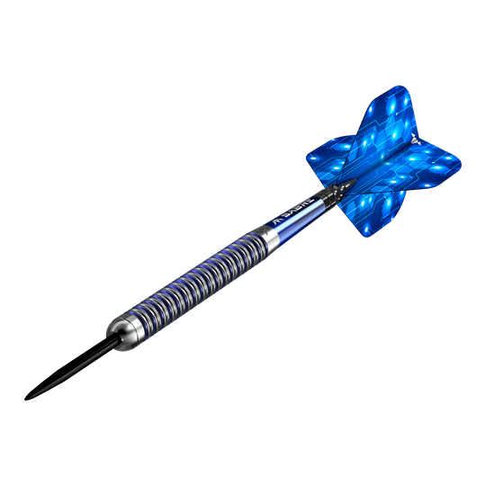 Fléchettes en acier Mission ION bleu argent Mission ION Blue Silver Steeldarts werden präsentiert. Die Darts haben ein auffälliges blau-silbernes Design.