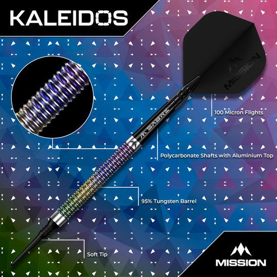 Fléchettes souples Mission Kaleidos - 19 g Das Foto zeigt Mission Kaleidos Softdarts - 19g. Es handelt sich um hochwertige Darts für Hobby- und Profispieler.
