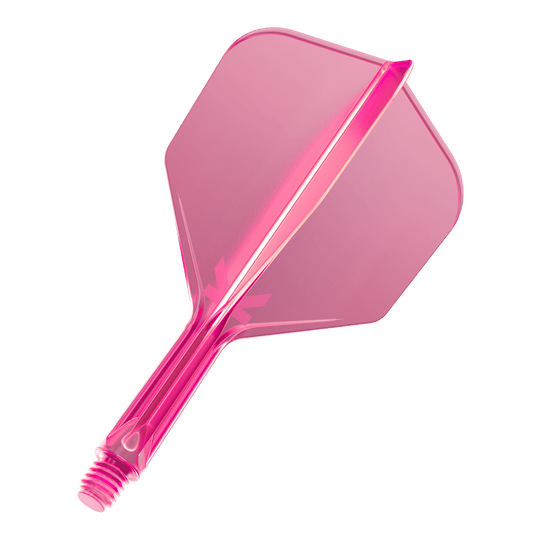 Système de vol Target K-Flex No6 - Rose fluo Das Bild zeigt eine neonpinke Dartflügel-Kombination mit integriertem Schaft. Das Material wirkt durchsichtig und hat einen modernen Look.