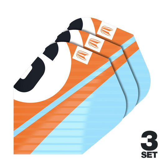 Das Bild zeigt drei Sätze Target Pro Ultra Chicane Orange Ten-X Flights. Die Flights sind orange und hellblau mit einem auffälligen Design.