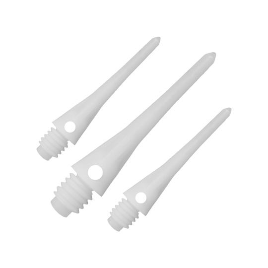 Das Bild zeigt drei weiße Softdartspitzen mit Gewinde. Sie sind länglich geformt und liegen nebeneinander auf einer neutralen Fläche.