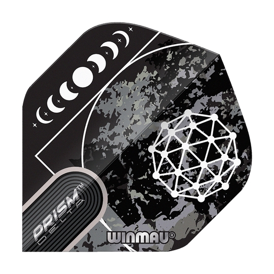 Vols standard Winmau Prism Delta Callisto No2 Das Bild zeigt das Produkt "Winmau Prism Delta Callisto No2 Standard Flights". Es hat ein schwarzes Design mit Mondphasen und geometrischem Muster.