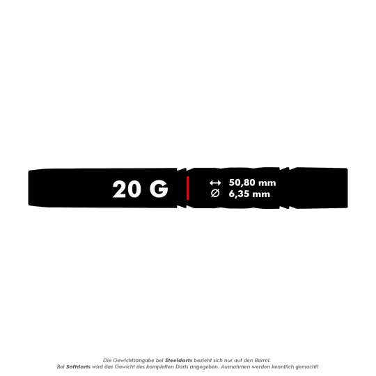 Das Bild zeigt die Produktinformation für die Red Dragon Gerwyn Price Avalanche Pro Softdarts mit einem Gewicht von 20 g. Die Maße des Darts sind 50,80 mm Länge und 6,35 mm Durchmesser.