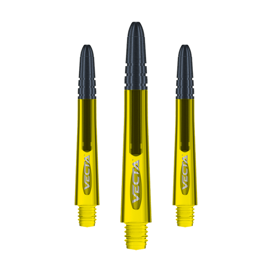 7025-206_Winmau_Vecta_Shafts_Gelb_40mm_1 Das Bild zeigt drei gelbe Winmau Vecta Shafts für Darts. Die Shafts haben schwarze Spitzen und sind mit dem Schriftzug "Vecta" versehen.