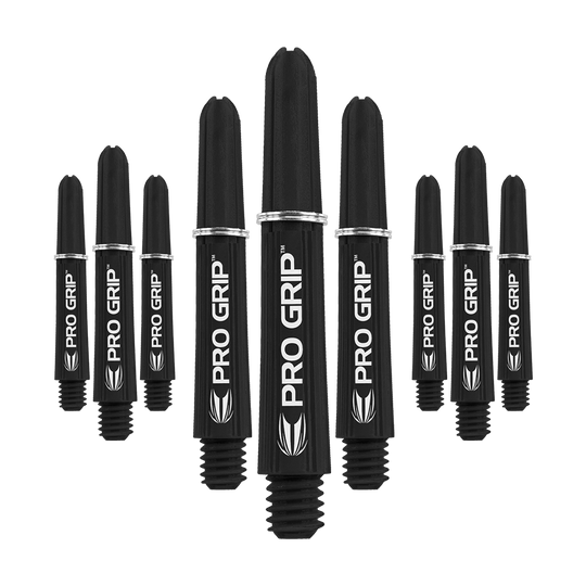Tiges Target Pro Grip - 3 jeux - Noir Das Bild zeigt neun schwarze Dartschäfte mit der Aufschrift "PRO GRIP". Die Schäfte sind in drei 3er-Sets nebeneinander angeordnet.