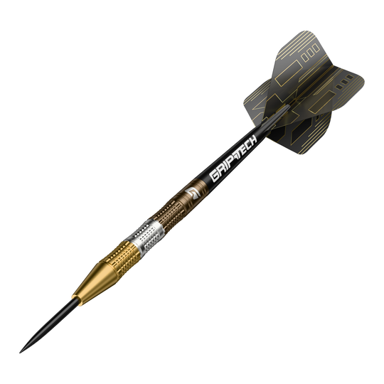 Fléchettes en acier tungstène GOAT Ceremony Der GOAT Ceremony Tungsten Steeldart ist ein hochwertiger Dartpfeil mit goldenen und silbernen Elementen. Auf dem Schaft steht das Wort "GRIPTECH" und die Flights sind schwarz mit goldenen Linien gestaltet.