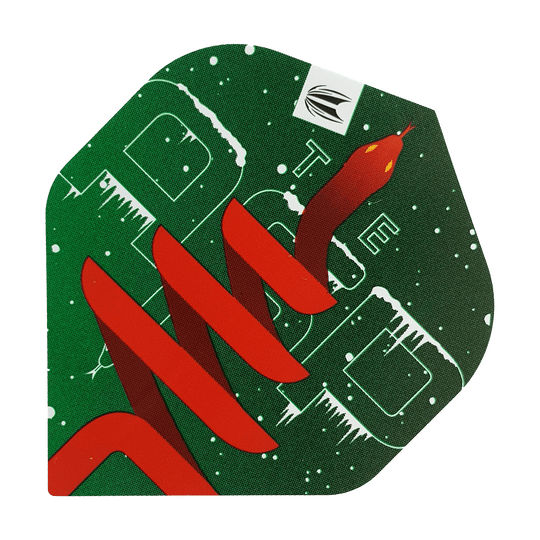 Das Bild zeigt einen Dartflight mit grünem Hintergrund und weihnachtlichen Schneeeffekten. Darauf ist eine rote Schlange abgebildet, die sich über das Design windet.