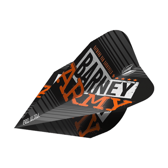Das Bild zeigt das Produkt "Target ProUltra Barney Army Black Vapor Flights". Die Dart-Flights sind schwarz mit auffälligem orangefarbenem und weißen Aufdruck gestaltet.