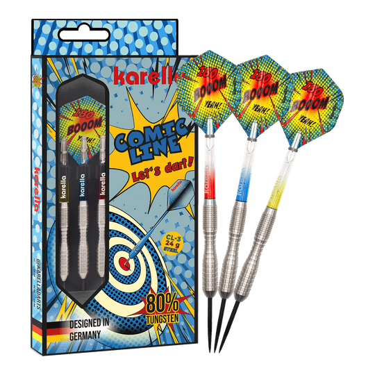 Fléchettes en acier Karella Comic Line CL-3 - 24 g Das Bild zeigt das Produkt Karella Comic Line CL-3 Steeldarts - 24g in voller Länge. Die Steeldarts sind klar zu erkennen.