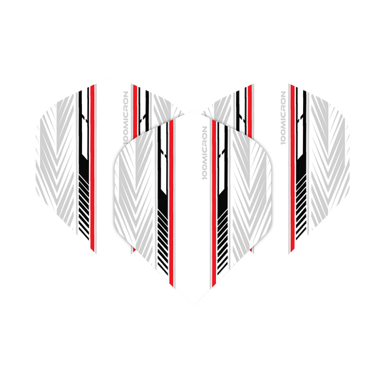 Vols de Pentathlon blanc/noir/rouge Das Bild zeigt die Pentathlon White Black Red No2 Standard Flights. Die Flights haben ein weißes Grunddesign mit schwarzen und roten Streifen sowie grafischen Mustern.