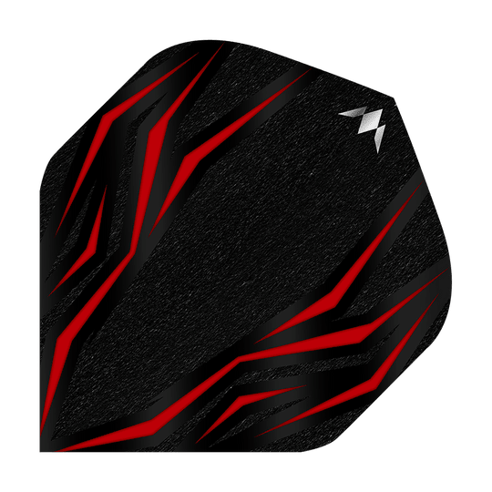 Vols standard Mission Lava Red No2 Das Bild zeigt ein schwarzes Dartflight mit roten, flammenartigen Linien. In der oberen rechten Ecke befindet sich ein kleines, silbernes Logo.