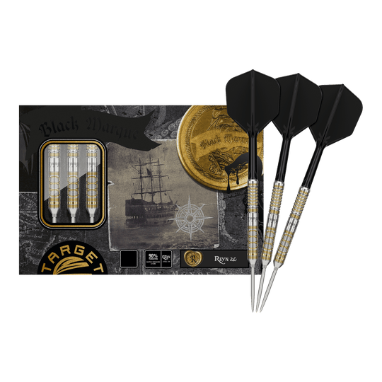Fléchettes en acier Target Japan Black Marque Reyn GEN2 Das Bild zeigt die "Target Japan Black Marque Reyn GEN2 Steeldarts" mit ihrer Verpackung. Drei fertige Darts mit schwarzen Flights sind neben der stilvollen Box abgebildet.