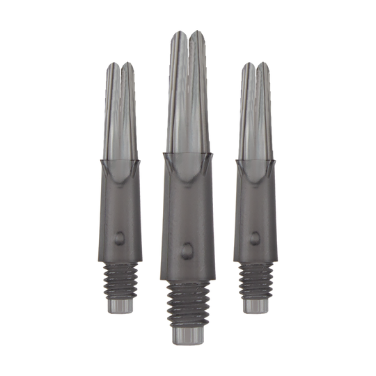 Auf dem Bild sind drei transparente, schwarze Dart-Schäfte zu sehen. Sie stehen aufrecht nebeneinander und haben ein Gewinde am unteren Ende.