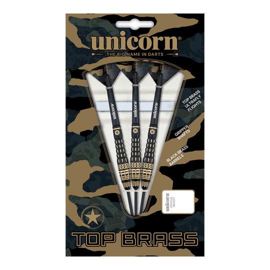 Fléchettes en acier Unicorn Top Brass V4 - 20 g Das Bild zeigt die "Unicorn Top Brass V4 Steeldarts - 20g" in ihrer Verpackung. Die Darts haben schwarze und goldene Akzente und sind für präzises Werfen konzipiert.