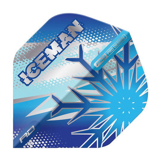 Vols standard Red Dragon Gerwyn Price Blue Flake No2 Das Bild zeigt ein Dart-Flight mit frostigem, blauem Design und einer großen Schneeflocke. Auf dem Flight steht das Wort "ICEMAN" in auffälligen Lettern.