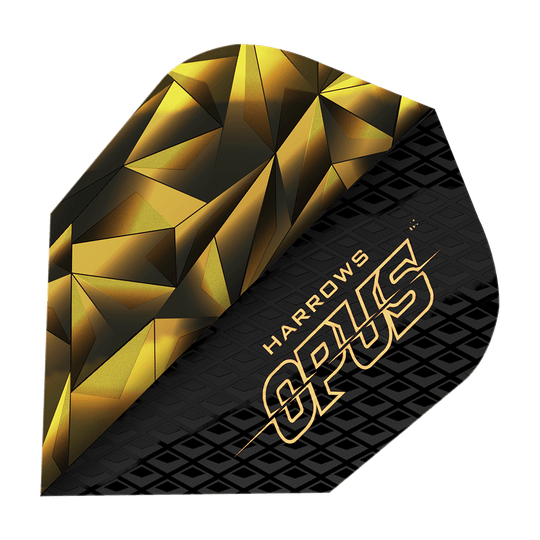 Vols de Harrow's Opus Version 1 Dies ist ein Bild des Produkts "Harrows Opus Version 1 Flights". Das Flight-Design ist schwarz-golden mit geometrischen Mustern und dem Schriftzug "HARROWS OPUS".
