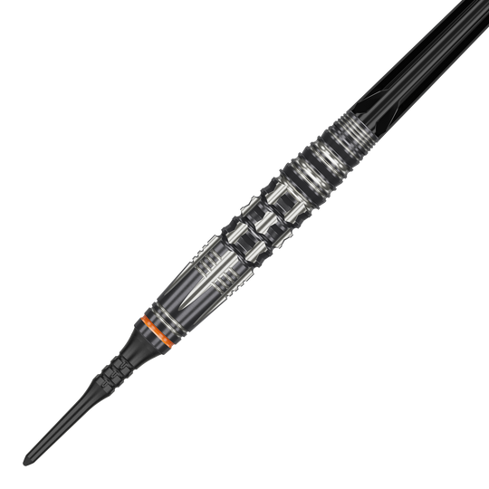 Fléchettes souples Target Japan Black Marque Dancing Duck GEN 4 - 17 g Das Bild zeigt einen Target Japan Black Marque Dancing Duck GEN 4 Softdart mit einem Gewicht von 17g. Der Dartpfeil hat ein auffälliges silber-schwarzes Design mit vielen feinen Details und einem orangefarbenen Ring.