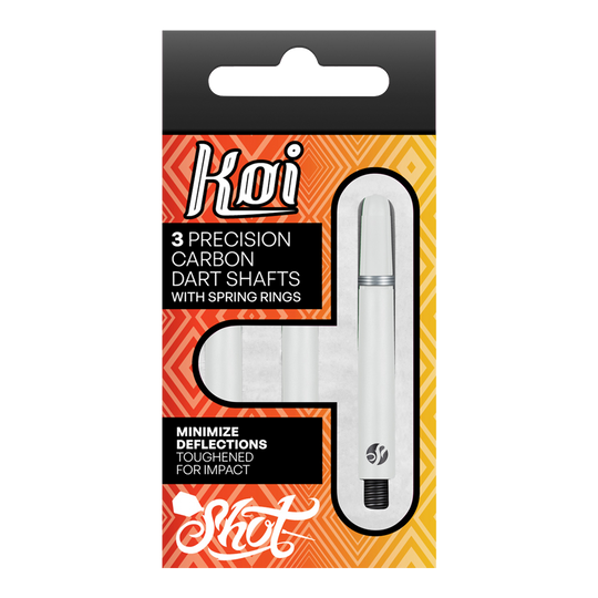 Tiges en carbone Shot Koi - Blanches Die Verpackung zeigt drei präzise Carbon-Dartschäfte mit Sprengringen der Marke Koi. Sie sind darauf ausgelegt, Ablenkungen zu minimieren und sind für hohe Schlagfestigkeit verstärkt.