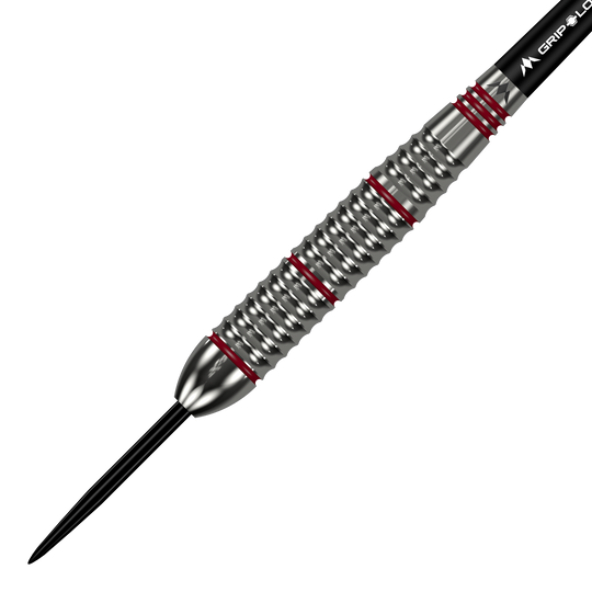 Fléchettes Mission Rogue en acier laitonné - 22 g Das Bild zeigt einen Mission Rogue Brass Steeldart mit einem Gewicht von 22 Gramm. Der Dartpfeil hat ein silbernes, geriffeltes Barrel mit roten Akzenten.