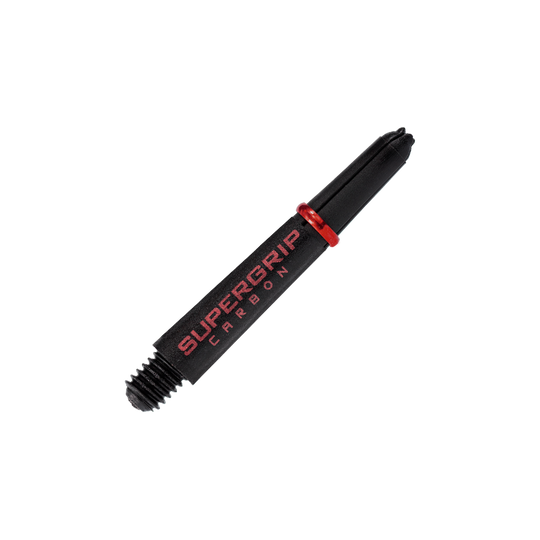 Das Bild zeigt einen Harrows Supergrip Carbon Shafts in Rot. Der Schaft ist schwarz mit roter Schrift und einem roten Ring.