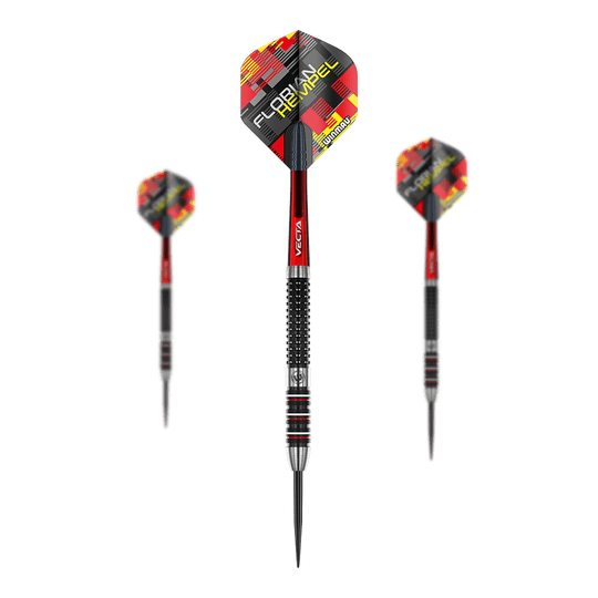Fléchettes en acier Winmau Florian Hempel Auf dem Bild sind drei Steeldarts mit schwarzer, roter und silberner Farbgebung zu sehen. Auf den Flights steht der Name "Florian Hempel" sowie das Logo von Winmau.